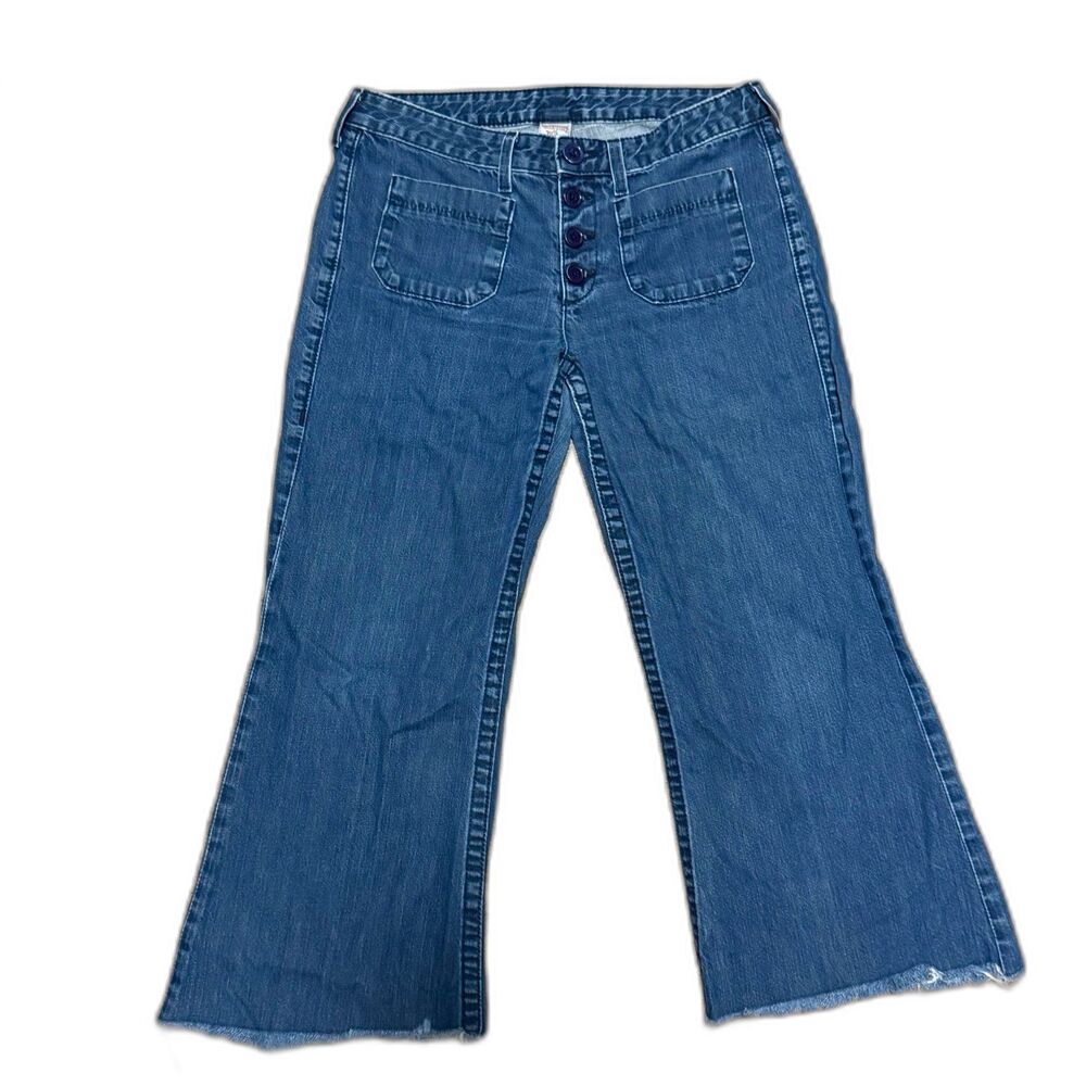 True Religion Vintage Y2K Cropped Flare Patch Pocket Jeans Size 32 Medium Wash